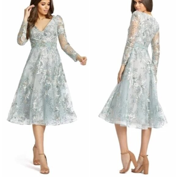 Mac Duggal 70230 Sequin Embroidered Long sleeve A-Line Tea Length Dress Size 2 - Picture 1 of 9